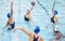 Water polo, women team and pool for training, game or competition for fitness, teamwork or goal. Woman group, aqua