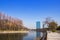 Water pool inside Osakajo park adjacent to Osaka Castle one of most famous landmarks of Japan