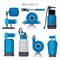 Water pump system. Aqua treatment electronic steel compressor agriculture sewage station vector icons set