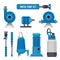 Water pumps. Industrial machinery electronic pump steel systems sewage aqua control station vector icons