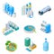 Water purification technology. Isometric treatment water industrial system, wastewater separator vector isolated set