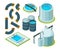 Water purification. Treatment watering cleaning system chemical laboratory vector isometric icons