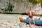 Water rafting, young man and raft boat