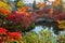 Water reflection of a bridge surrounding by five color autumn trees