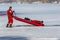 Water rescue exercises in winter on a frozen lake in a hole, Krakow, Poland