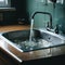 water running from a faucet, filling up a metal sink in a kitchen, generative ai