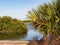 Water scene with palm trees and smooth blue sky in Anastasia State Park in St. Augustine, Florida right before sunset