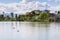 Water slide on the shoreline of a pond, Cunningham Lake, San Jose, south San Francisco bay, California