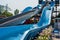 Water slides, attractions of blue color in the park.