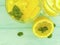 Water soda lemon citrus cool refreshment , freshness homemade health mint summer on a blue wooden background
