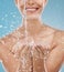 Water splash, beauty and clean, woman with hands and hydrate skin with wellness, natural cosmetic and moisturizer with