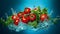 Water splash with fresh tomatoes and parsley on a blue background. Red tomatoes in water splashes on blue background. Fresh