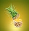 Water Splash On pineapple With Leaves Isolated On Green Background