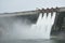 Water splashing from floodgate Khun Dan Prakarn Chon huge concrete dam