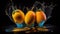 Water Splashing on Group of Delicious Fresh Yellow Mangoes on Black Background AI Generative