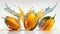 Water Splashing on Group of Delicious Fresh Yellow Mangoes on White Background Generative AI