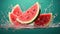 Water splashing on Sliced of watermelon on green background