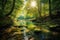 Water stream in a lush forest, with morning sun rays reflecting in the water, representing the peaceful and serene beauty of