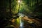 Water stream in a lush forest, with morning sun rays reflecting in the water, representing the peaceful and serene beauty of