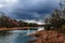 Water streams, rocks, trees and beatiful sky