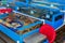 Water tanks filled with crab and assorted fish for sale at seaport market