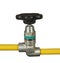 Water tap with black handle and yellow pipes isolated on white b