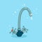 Water tap with drop isolated on background. Faucet drip, leak. Save environment concept. Vector cartoon design