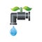 Water tap or faucet with droplet and green leaves