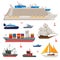 Water Transport Collection, Fishing Boat, Cruise Liner, Sailboat, Cargo Ship, Motorboat, Sea or Ocean Transportation