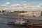 Water transport. River boat tow pusher in the canals of the Moscow river against the backdrop of the capital of Russia