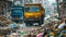 A water truck navigates through a muddy city road under cloudy skies