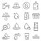 Water use, pollution, recycling thin line icons set isolated on white. Drop, drought, ecology pictograms.