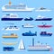 Water vessel transport icons set. Vector flat vehicle illustration. Sail boats, cruise ship, yacht on blue background