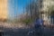 Water wall of the fountain on the background of the cityscape