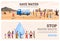 Water waste and scarcity posters set, flat vector illustration.