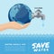 Water world day with hand hold faucet or water tap with a drop of water out to earth and save water text vector design