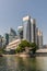 Waterboat house pier with financial district and Fullerton behind, Singapore