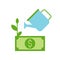 Watercan watering dollar bill or banknote tree, investment icon