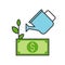 Watercan watering dollar bill or banknote tree, investment icon