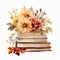 Watercolo Pile of books with autumn flowers and leaves isolated on white background.