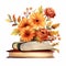 Watercolo Pile of books with autumn flowers and leaves isolated on white background.