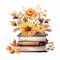 Watercolo Pile of books with autumn flowers and leaves isolated on white background.