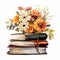 Watercolo Pile of books with autumn flowers and leaves isolated on white background.