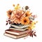 Watercolo Pile of books with autumn flowers and leaves isolated on white background.