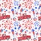 Watercolor 4th of July concept seamless pattern with hand painted red, white, blue fireworks,stars, balloons, truck.