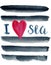 Watercolor abstract background with dark navi stripes and lettering I love sea. Hand painted sea background on white back