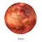Watercolor abstract dark red Mars planet. Hand painted satellite isolated on white background. Minimalistic space