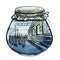 Watercolor abstract illustration. Railway station in glass bottle