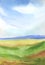 Watercolor abstract landscape blue sky, distant hills, grass fields. Hand drawn illustration