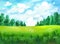 Watercolor abstract landscape green field and trees, bright colors childish style of illustration